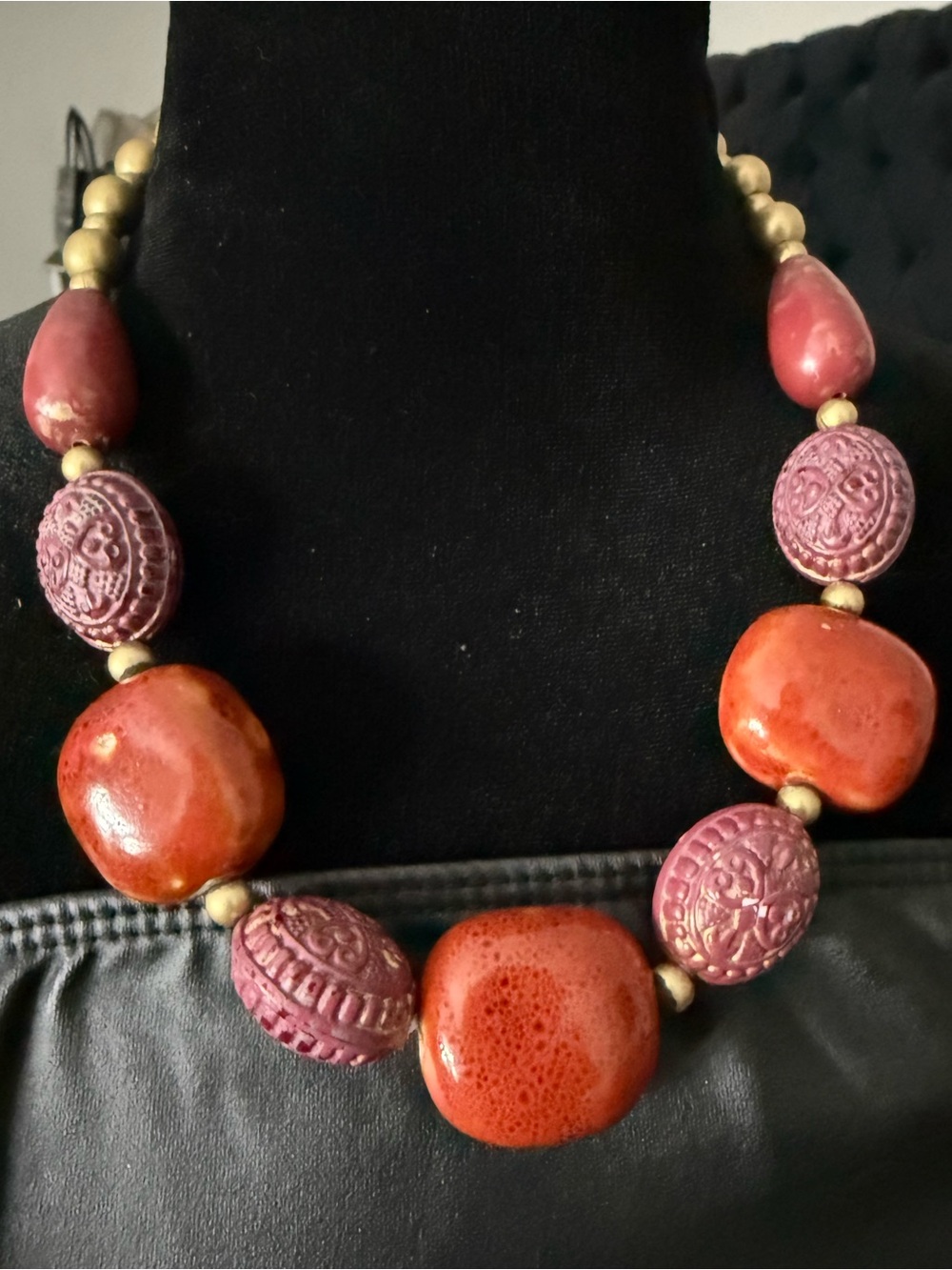 Y2K Esmor Ceramic Beaded Statement Necklace Burnt Orange Maroon Boho Artisan 20”